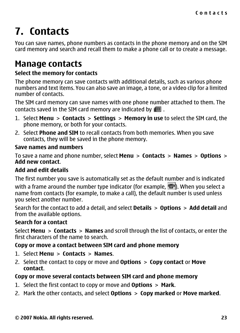 Contacts, Manage contacts, See "manage | Contacts," p. 23 | Nokia 5310 User Manual | Page 24 / 114