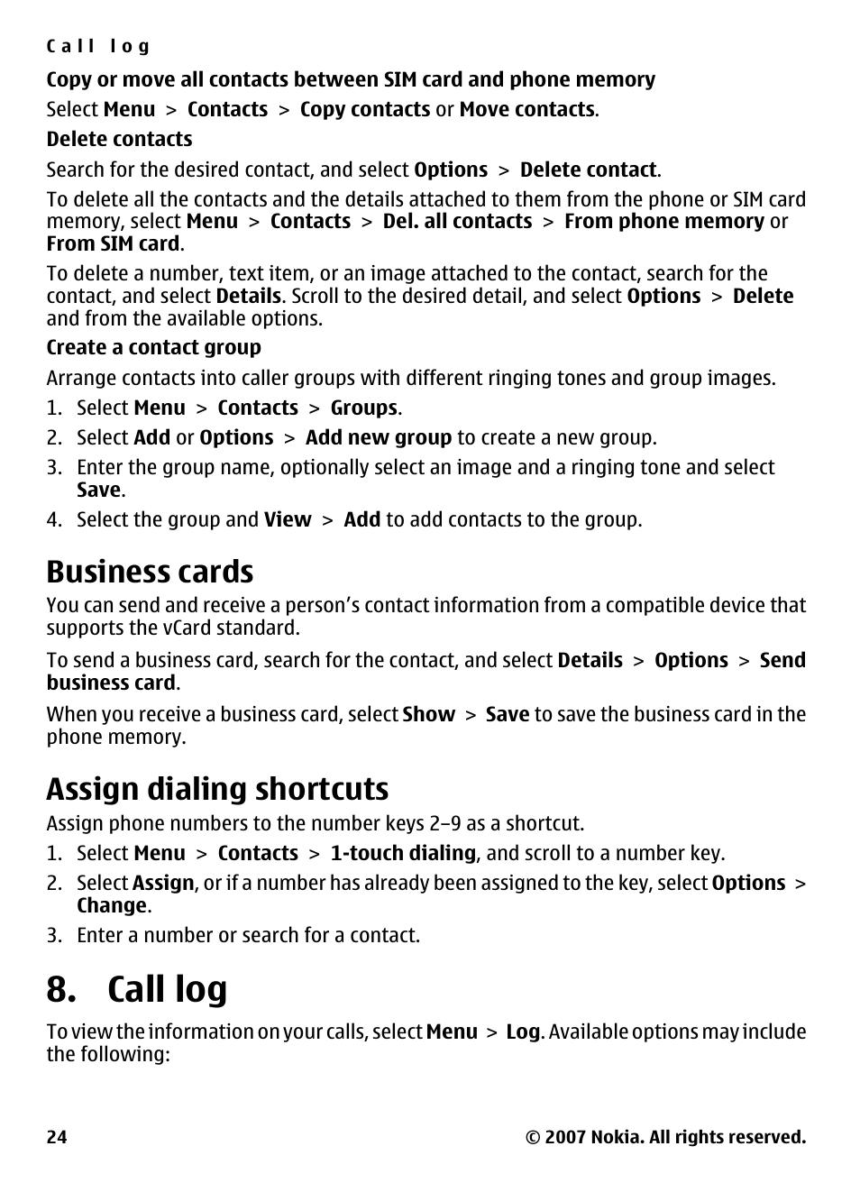 Business cards, Assign dialing shortcuts, Call log | See "assign dialing, Shortcuts," p. 24 | Nokia 5310 User Manual | Page 25 / 114