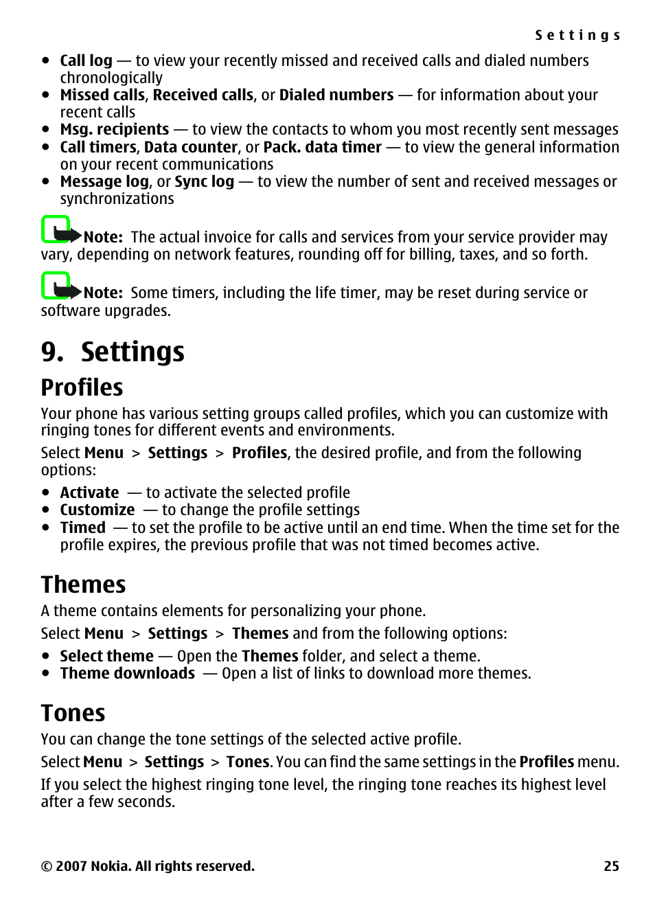 Settings, Profiles, Themes | Tones | Nokia 5310 User Manual | Page 26 / 114