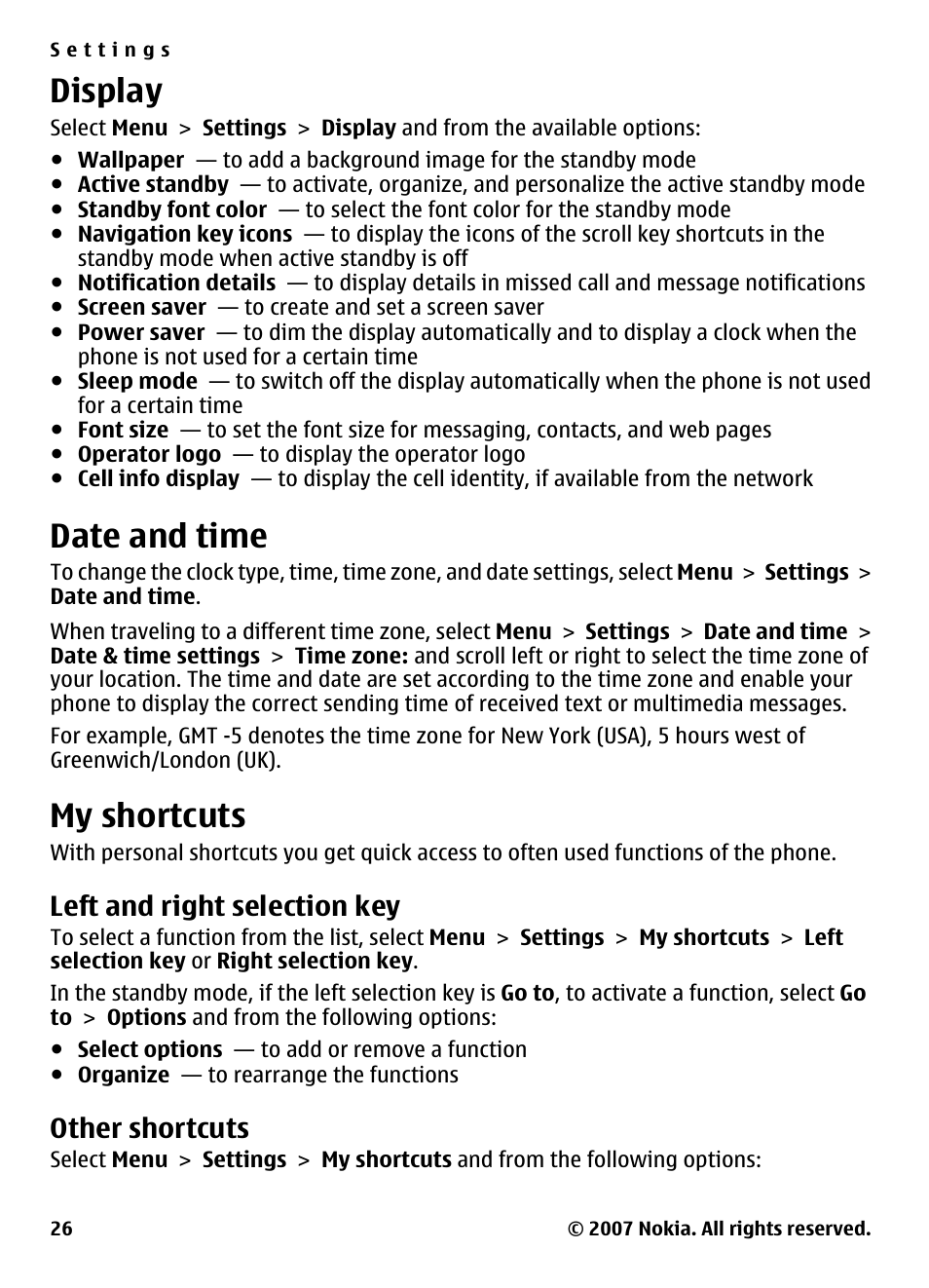 Display, Date and time, My shortcuts | Left and right selection key, Other shortcuts, See "date and time," p. 26, See "left and right, Selection key," p. 26, Display," p. 26 | Nokia 5310 User Manual | Page 27 / 114