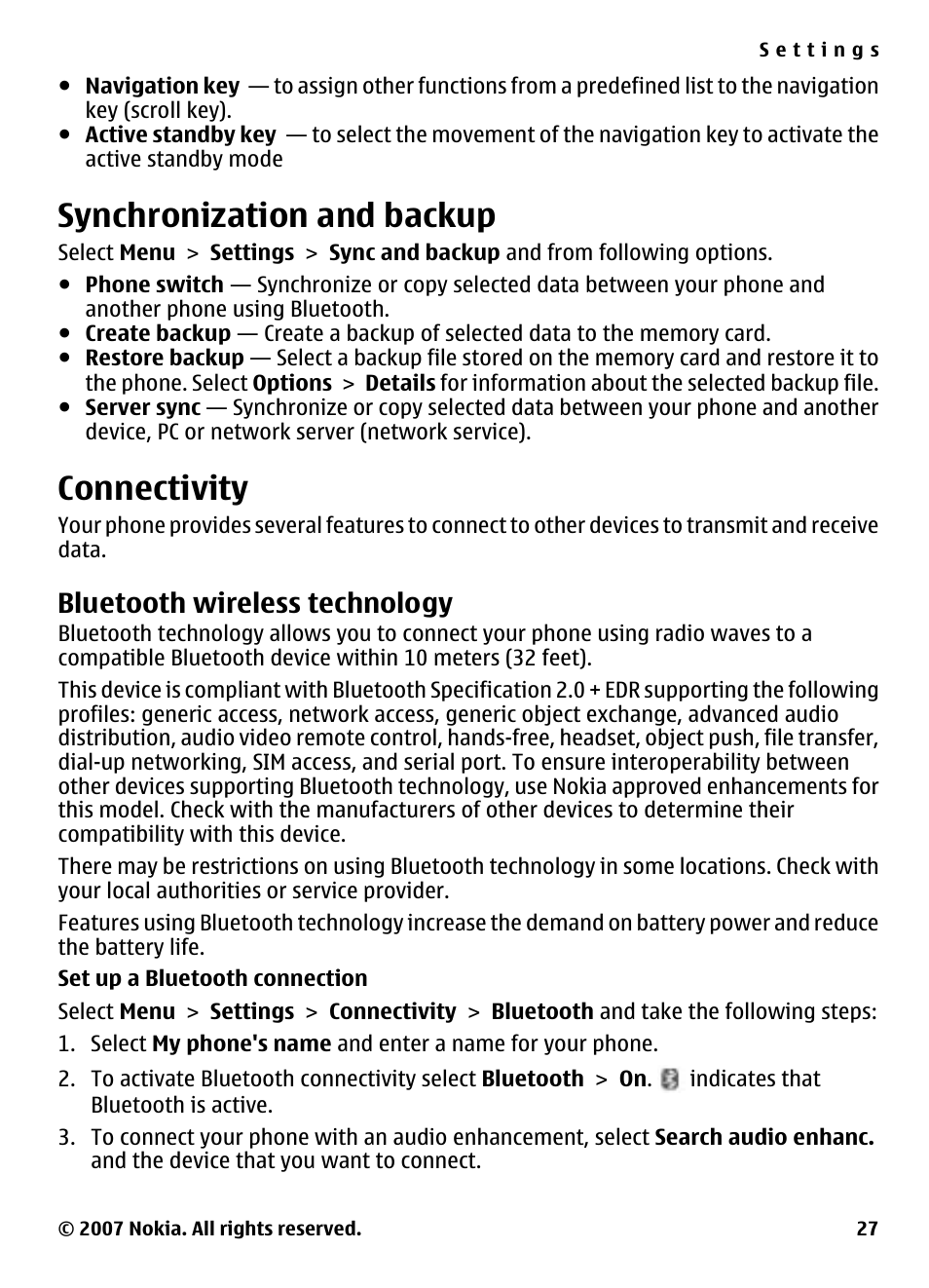 Synchronization and backup, Connectivity, Bluetooth wireless technology | Nokia 5310 User Manual | Page 28 / 114