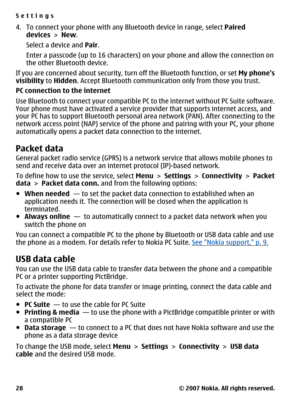 Packet data, Usb data cable | Nokia 5310 User Manual | Page 29 / 114