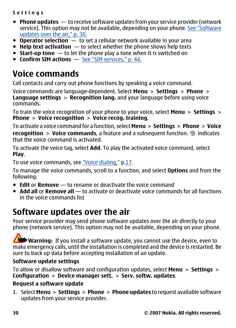 Voice commands, Software updates over the air, See "voice commands," p. 30 | Nokia 5310 User Manual | Page 31 / 114