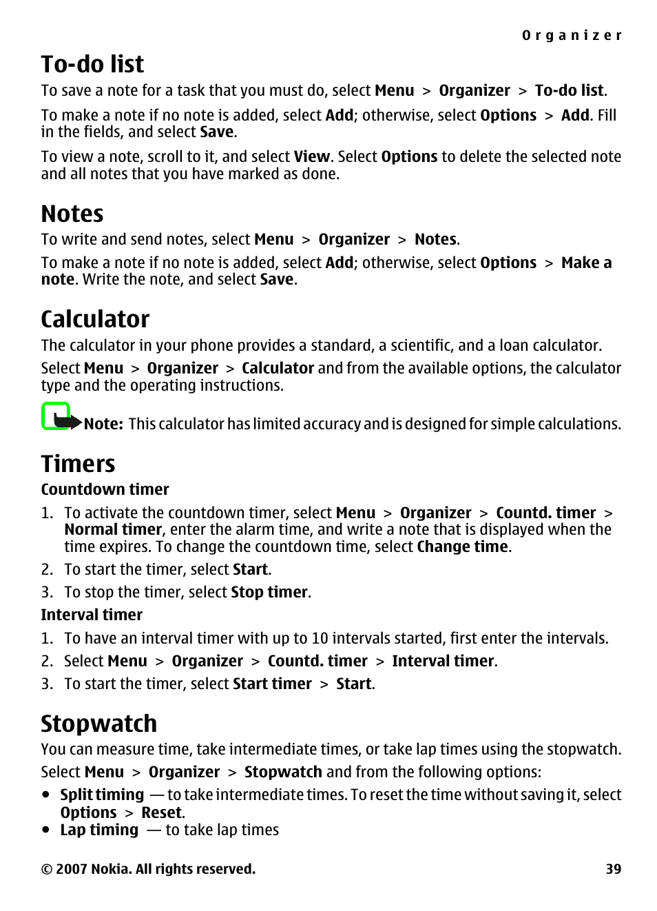 To-do list, Notes, Calculator | Timers, Stopwatch | Nokia 5310 User Manual | Page 40 / 114