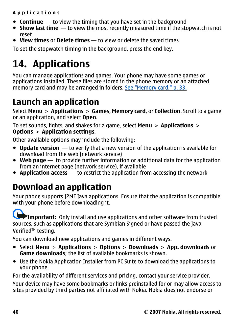 Applications, Launch an application, Download an application | Nokia 5310 User Manual | Page 41 / 114