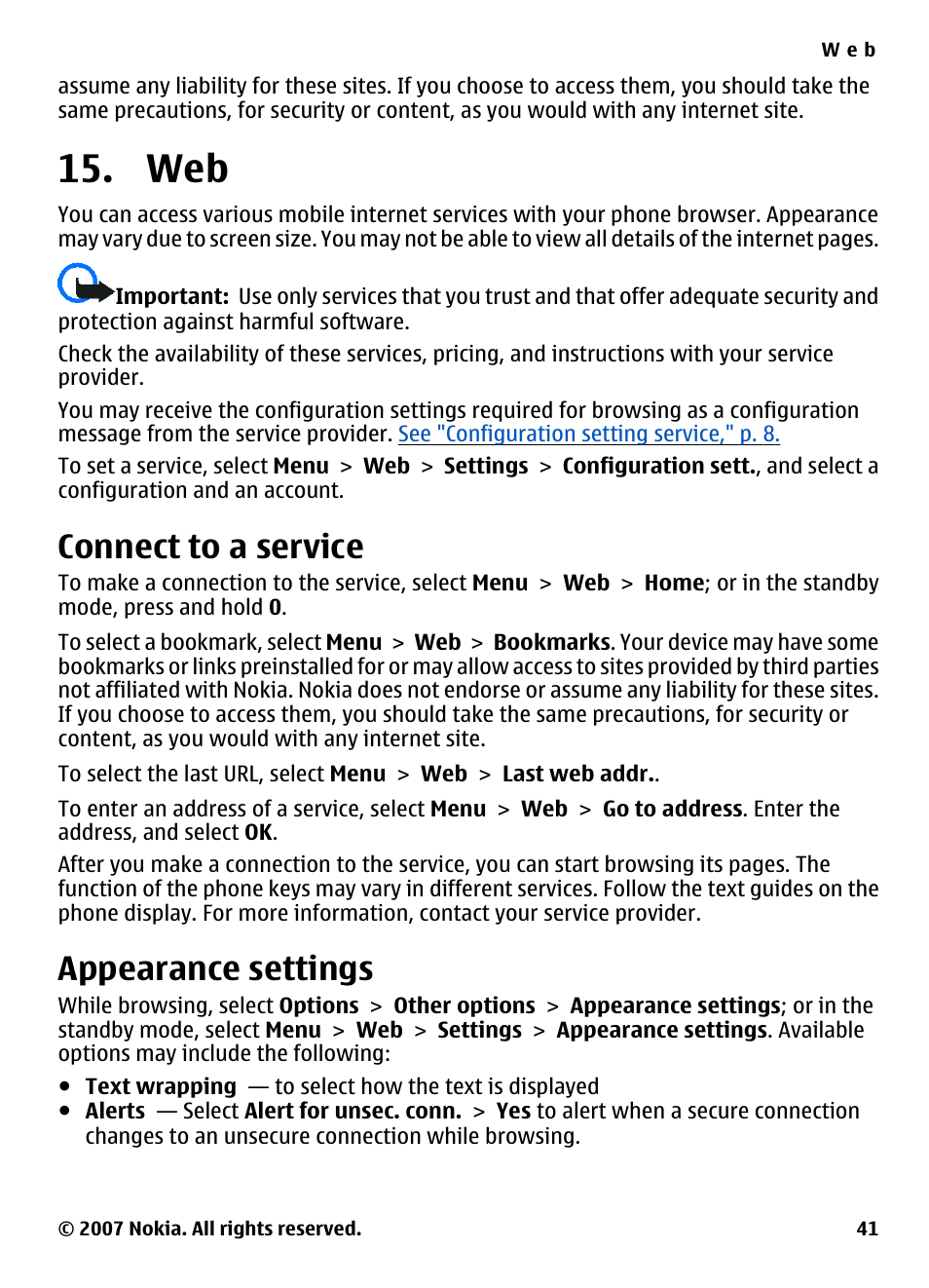 Connect to a service, Appearance settings | Nokia 5310 User Manual | Page 42 / 114