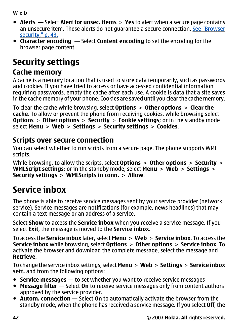 Security settings, Cache memory, Scripts over secure connection | Service inbox | Nokia 5310 User Manual | Page 43 / 114