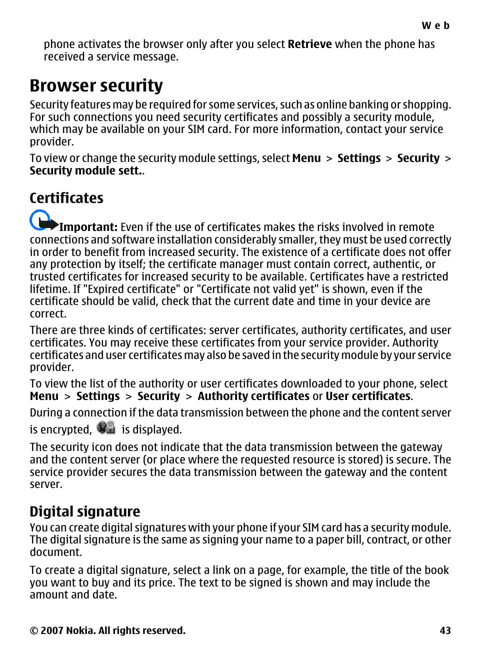 Browser security, Certificates, Digital signature | Nokia 5310 User Manual | Page 44 / 114