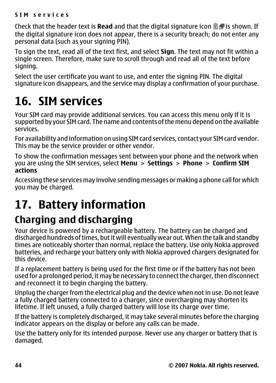 Sim services, Battery information, Charging and discharging | Sim services 17. battery information, See "sim services," p. 44 | Nokia 5310 User Manual | Page 45 / 114