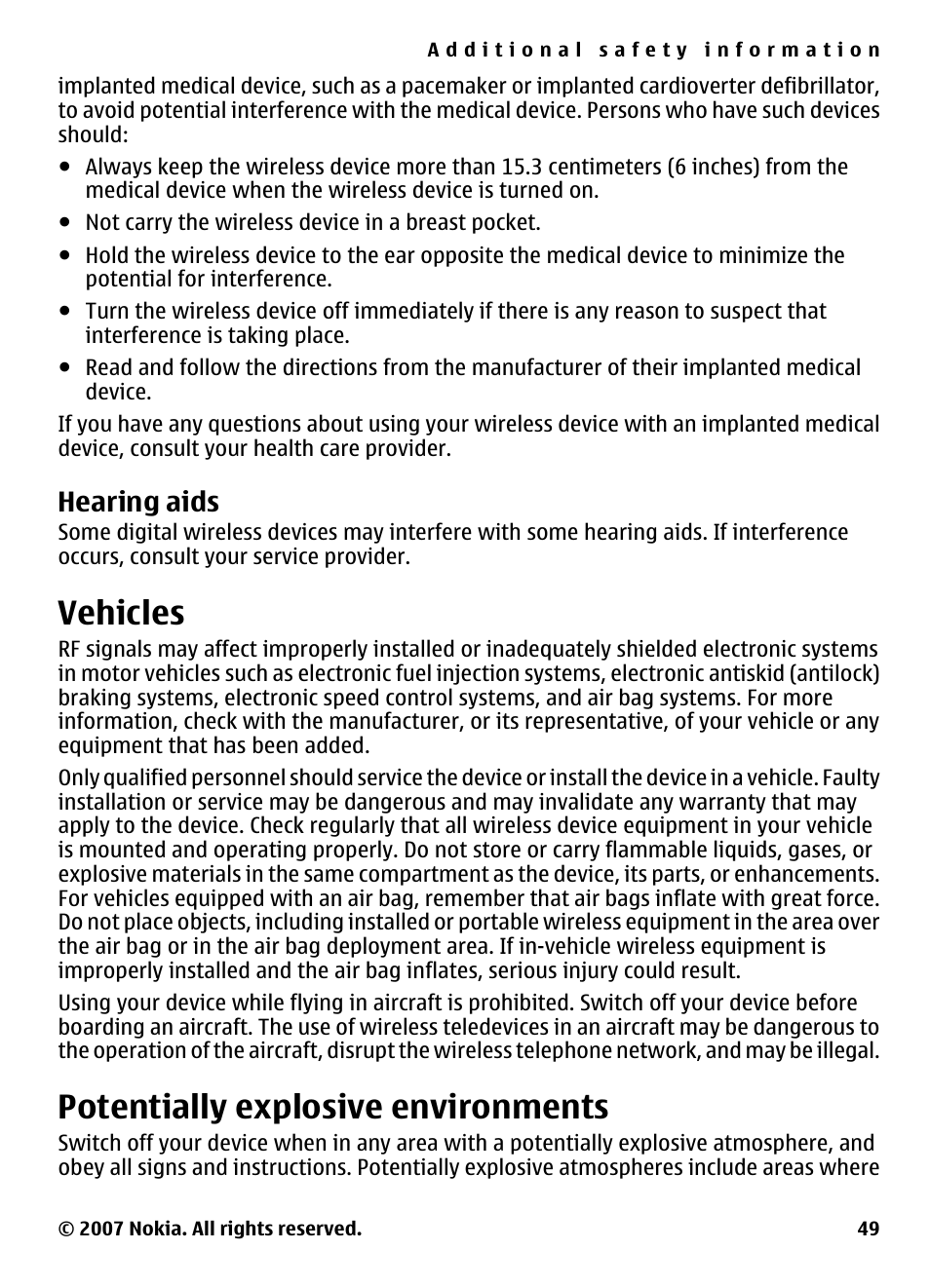 Hearing aids, Vehicles, Potentially explosive environments | Potentially explosive, Environments | Nokia 5310 User Manual | Page 50 / 114