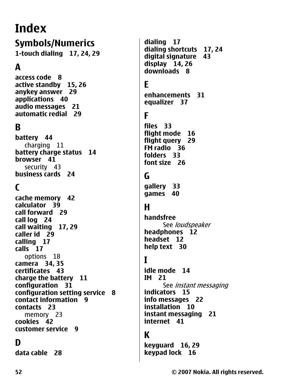 Index, Symbols/numerics | Nokia 5310 User Manual | Page 53 / 114