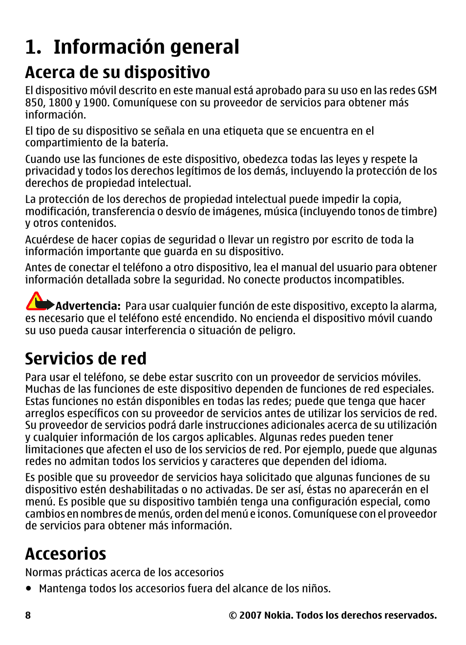 Información general, Acerca de su dispositivo, Servicios de red | Accesorios | Nokia 5310 User Manual | Page 63 / 114