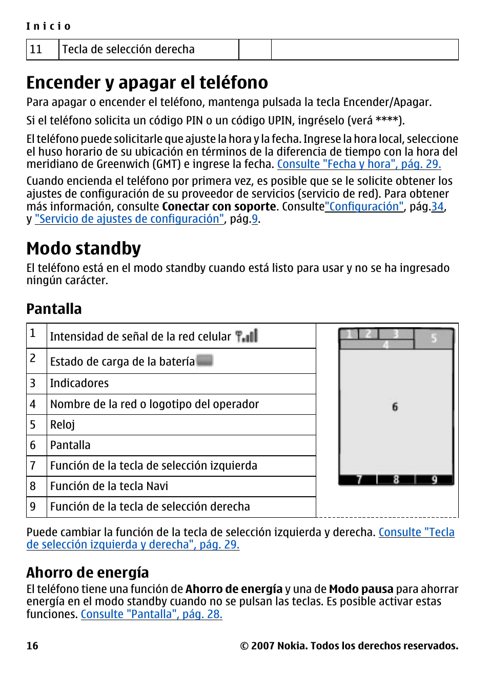 Encender y apagar el teléfono, Modo standby, Pantalla | Ahorro de energía | Nokia 5310 User Manual | Page 71 / 114