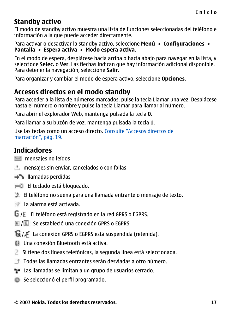 Standby activo, Accesos directos en el modo standby, Indicadores | Accesos directos en el modo, Standby | Nokia 5310 User Manual | Page 72 / 114