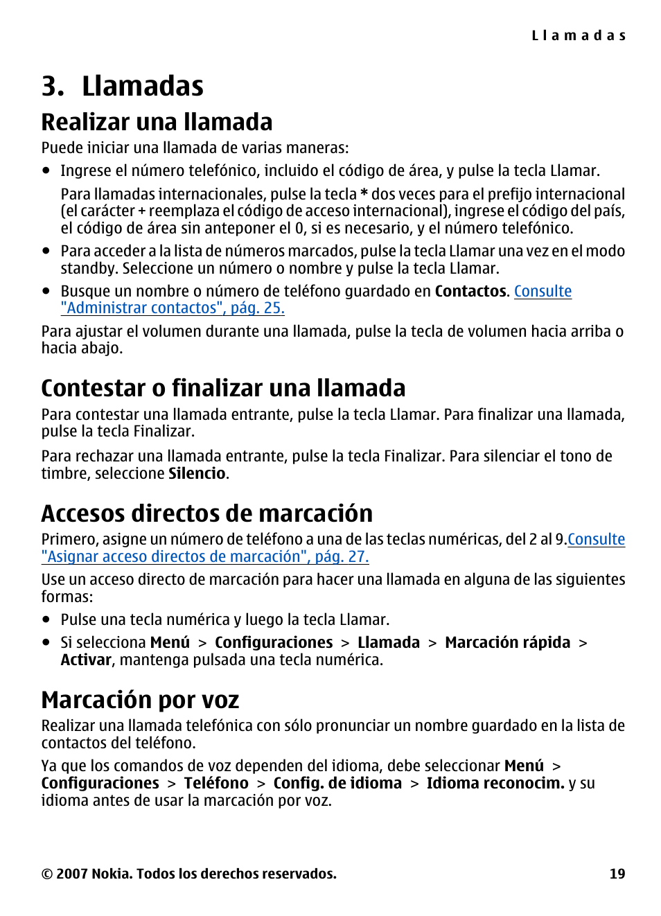 Llamadas, Realizar una llamada, Contestar o finalizar una llamada | Accesos directos de marcación, Marcación por voz | Nokia 5310 User Manual | Page 74 / 114