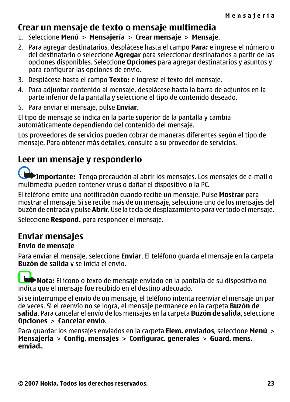 Crear un mensaje de texto o mensaje multimedia, Leer un mensaje y responderlo, Enviar mensajes | Crear un mensaje de texto o mensaje, Multimedia | Nokia 5310 User Manual | Page 78 / 114