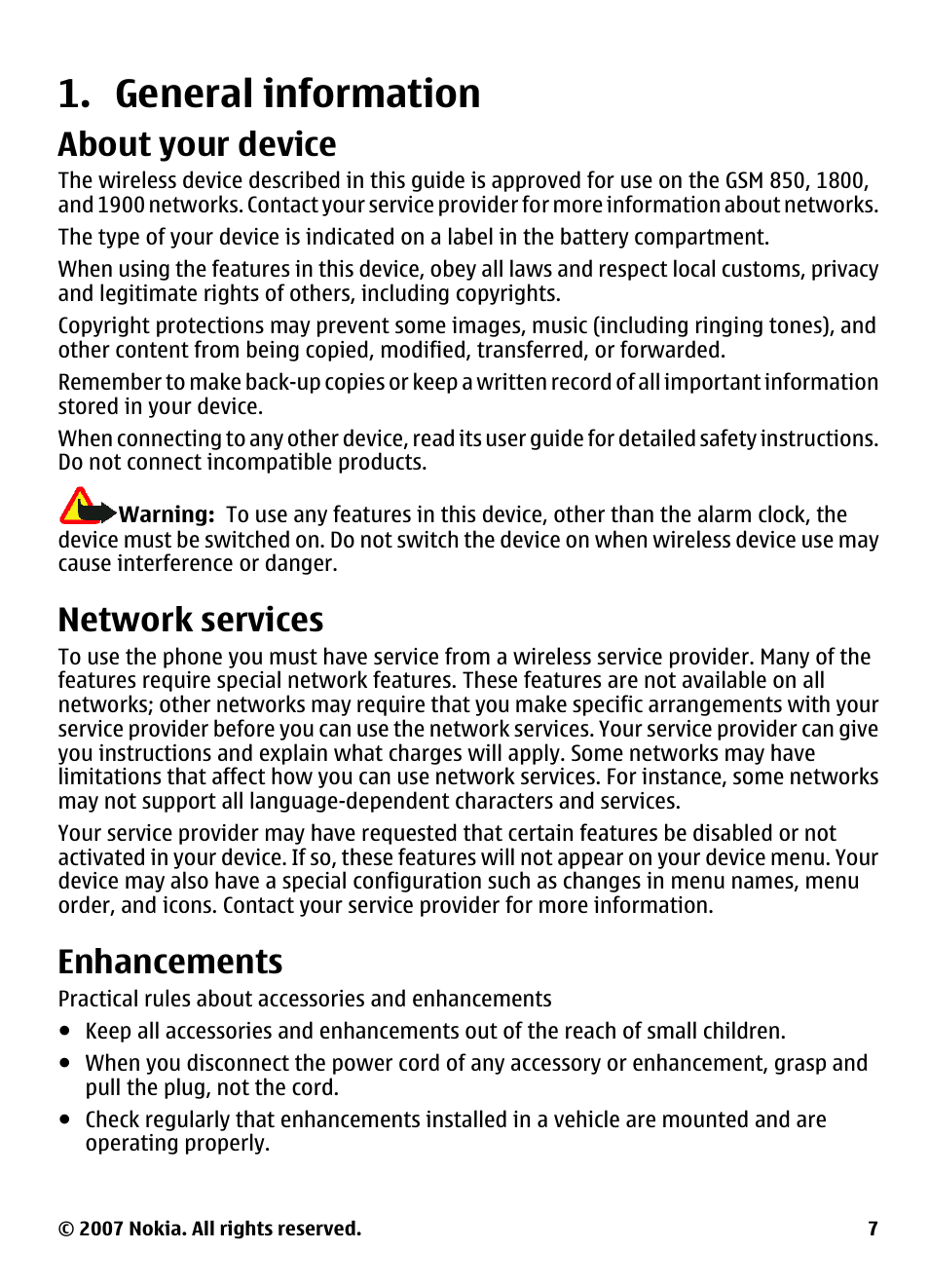 General information, About your device, Network services | Enhancements | Nokia 5310 User Manual | Page 8 / 114