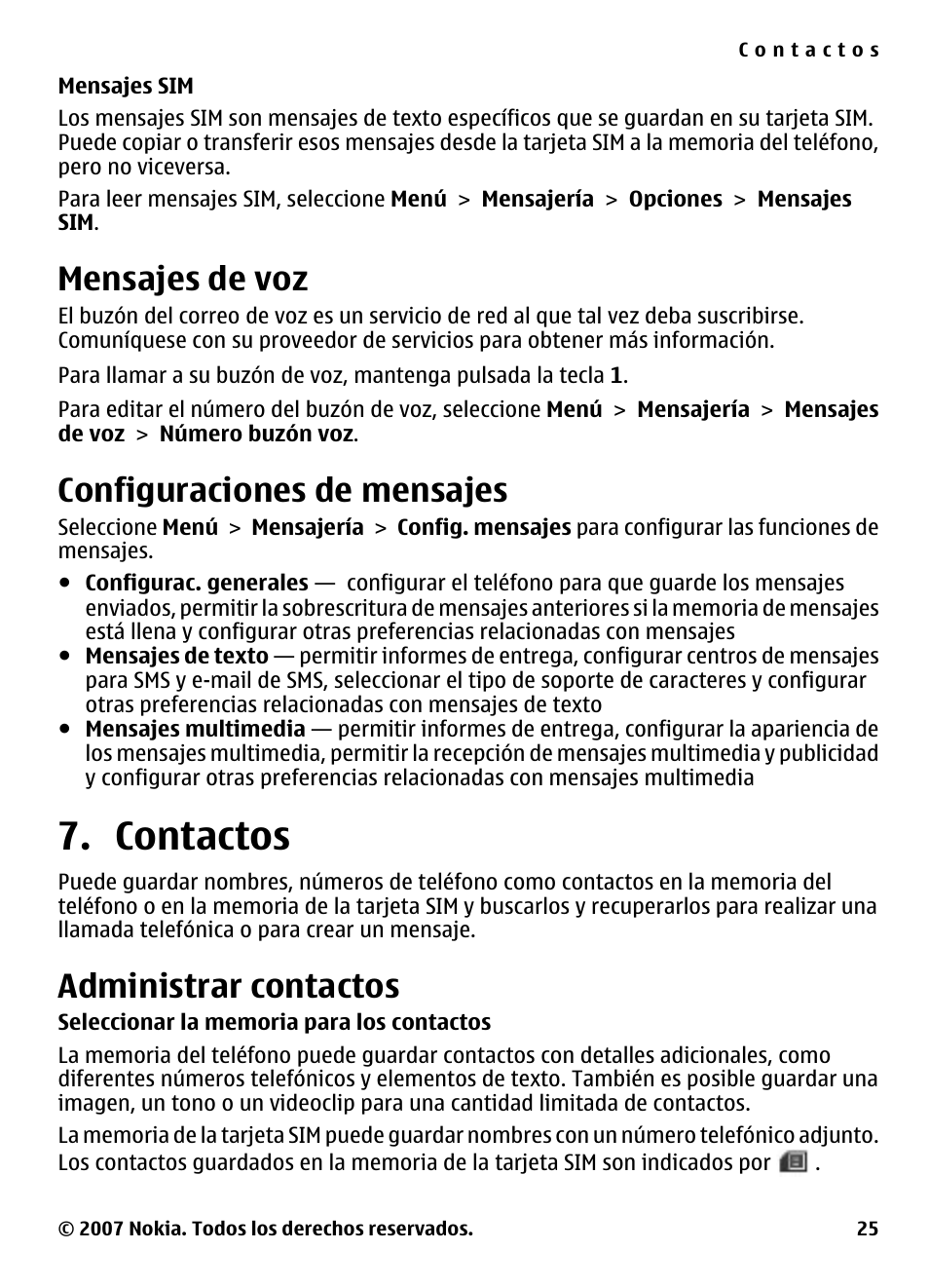 Mensajes de voz, Configuraciones de mensajes, Contactos | Administrar contactos, Consulte, Administrar contactos", pág. 25 | Nokia 5310 User Manual | Page 80 / 114