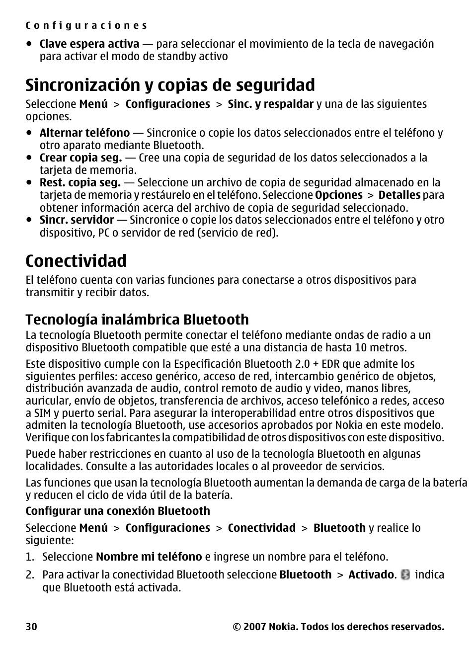 Sincronización y copias de seguridad, Conectividad, Tecnología inalámbrica bluetooth | Sincronización y copias de, Seguridad, Tecnología inalámbrica, Bluetooth | Nokia 5310 User Manual | Page 85 / 114