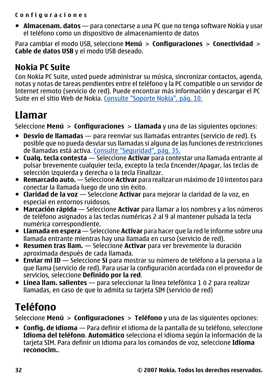 Nokia pc suite, Llamar, Teléfono | Nokia 5310 User Manual | Page 87 / 114