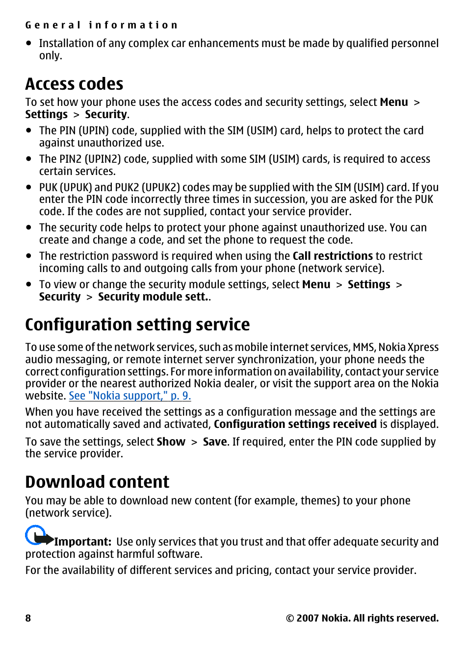 Access codes, Configuration setting service, Download content | Nokia 5310 User Manual | Page 9 / 114