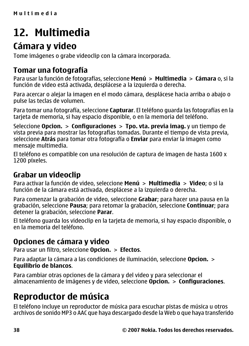 Multimedia, Cámara y video, Tomar una fotografía | Grabar un videoclip, Opciones de cámara y video, Reproductor de música | Nokia 5310 User Manual | Page 93 / 114