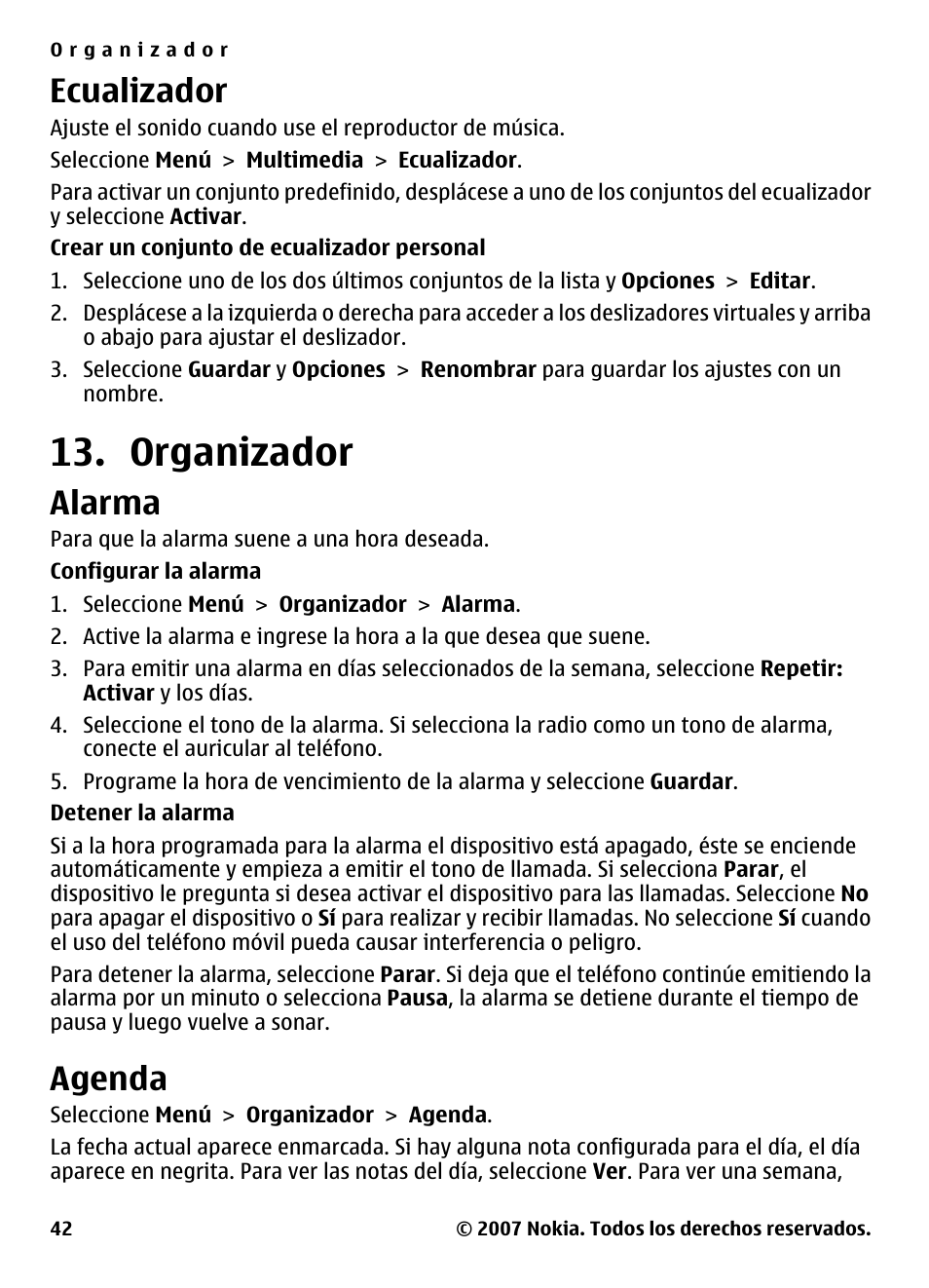 Ecualizador, Organizador, Alarma | Agenda | Nokia 5310 User Manual | Page 97 / 114