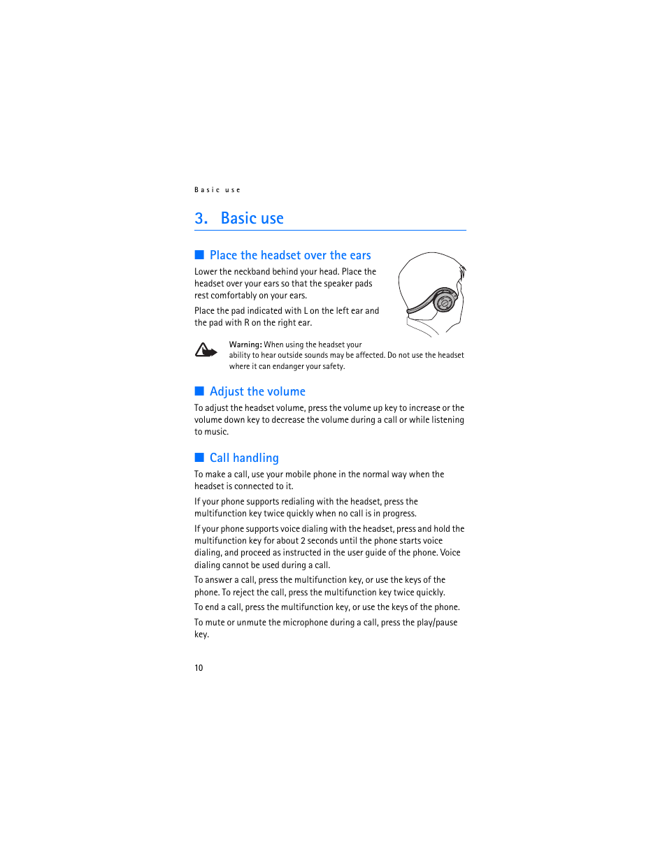 Basic use, Place the headset over the ears, Adjust the volume | Call handling | Nokia BH-503 User Manual | Page 10 / 14