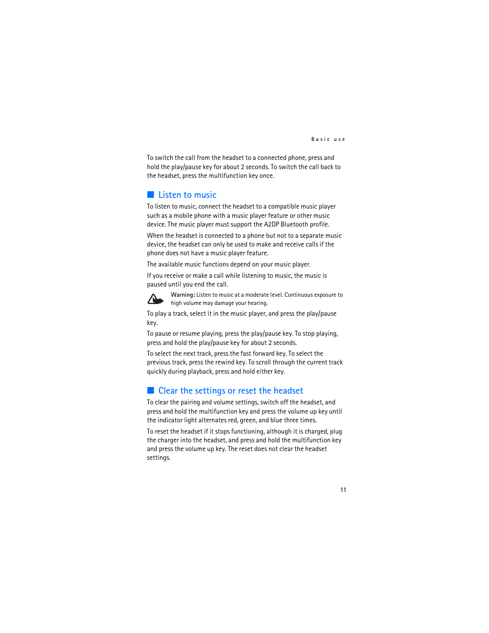 Listen to music, Clear the settings or reset the headset | Nokia BH-503 User Manual | Page 11 / 14