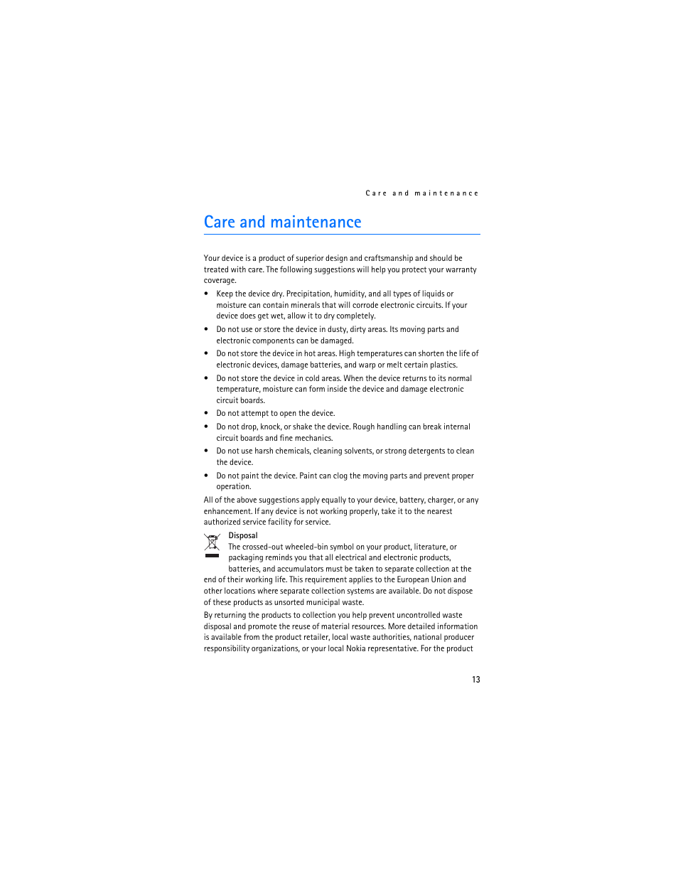 Care and maintenance | Nokia BH-503 User Manual | Page 13 / 14