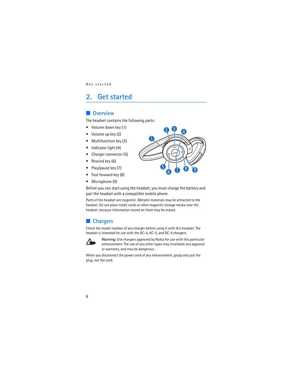 Get started, Overview, Chargers | Overview chargers | Nokia BH-503 User Manual | Page 6 / 14
