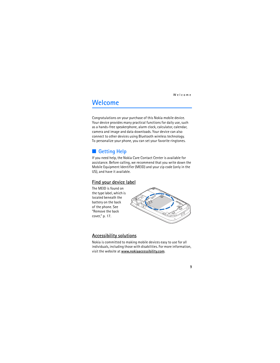 Welcome, Getting help | Nokia 2605 User Manual | Page 10 / 101