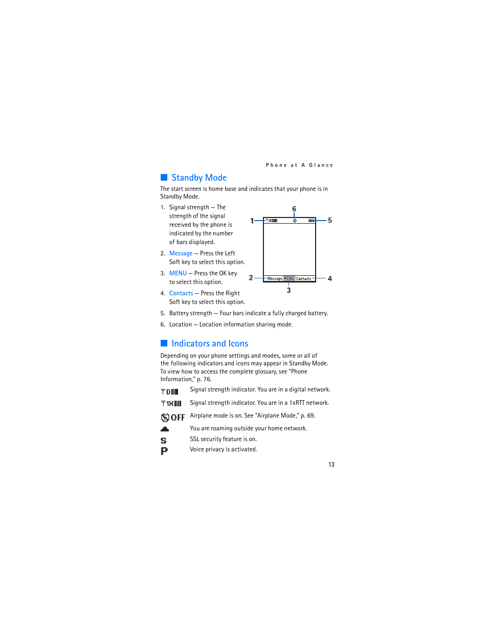 Standby mode, Indicators and icons, Standby mode indicators and icons | Nokia 2605 User Manual | Page 14 / 101