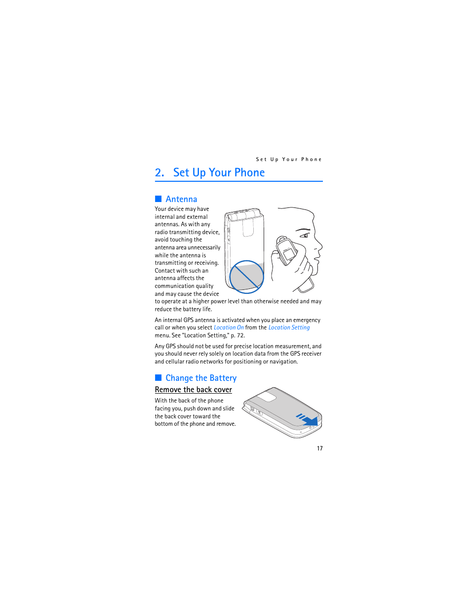 Set up your phone, Antenna, Change the battery | Antenna change the battery | Nokia 2605 User Manual | Page 18 / 101