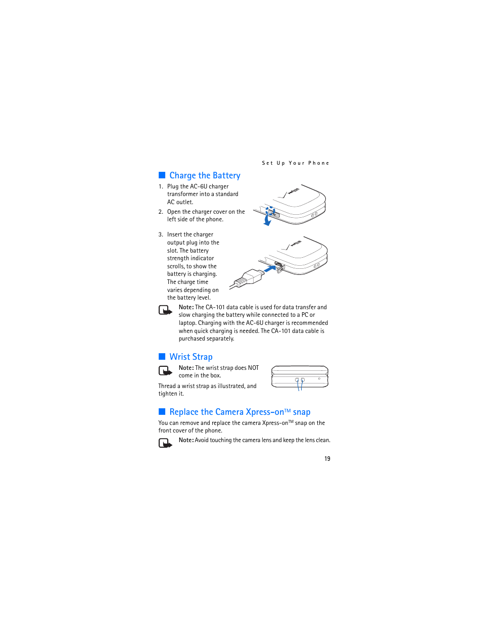 Charge the battery, Wrist strap, Replace the camera xpress-ontm snap | Replace the camera xpress-on, Snap | Nokia 2605 User Manual | Page 20 / 101