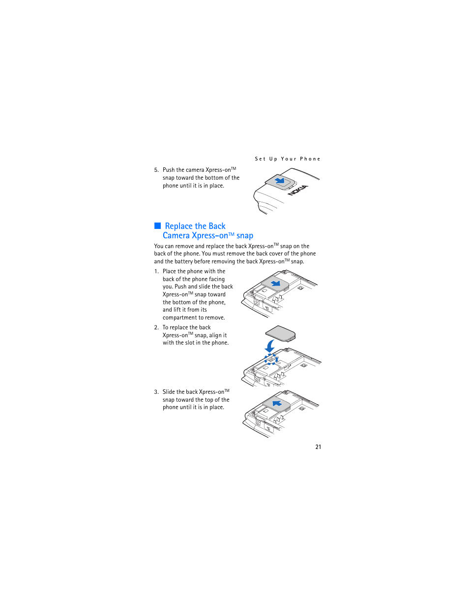 Replace the back camera xpress-ontm snap, Replace the back camera xpress-on, Snap | Nokia 2605 User Manual | Page 22 / 101