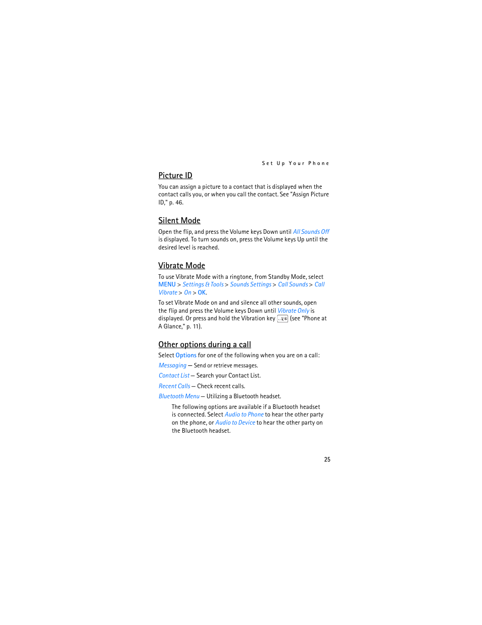Picture id, Silent mode, Vibrate mode | Other options during a call | Nokia 2605 User Manual | Page 26 / 101