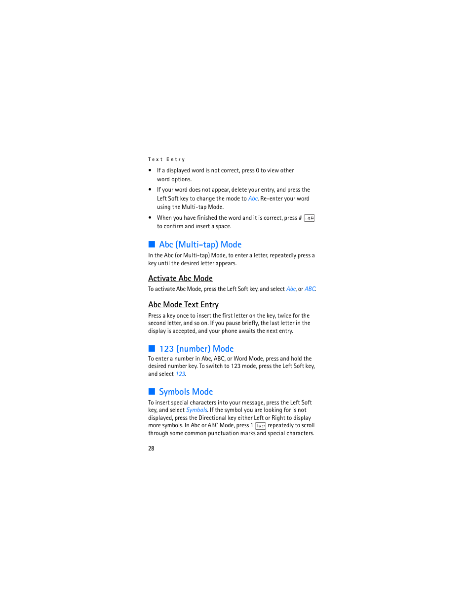Abc (multi-tap) mode, 123 (number) mode, Symbols mode | Nokia 2605 User Manual | Page 29 / 101
