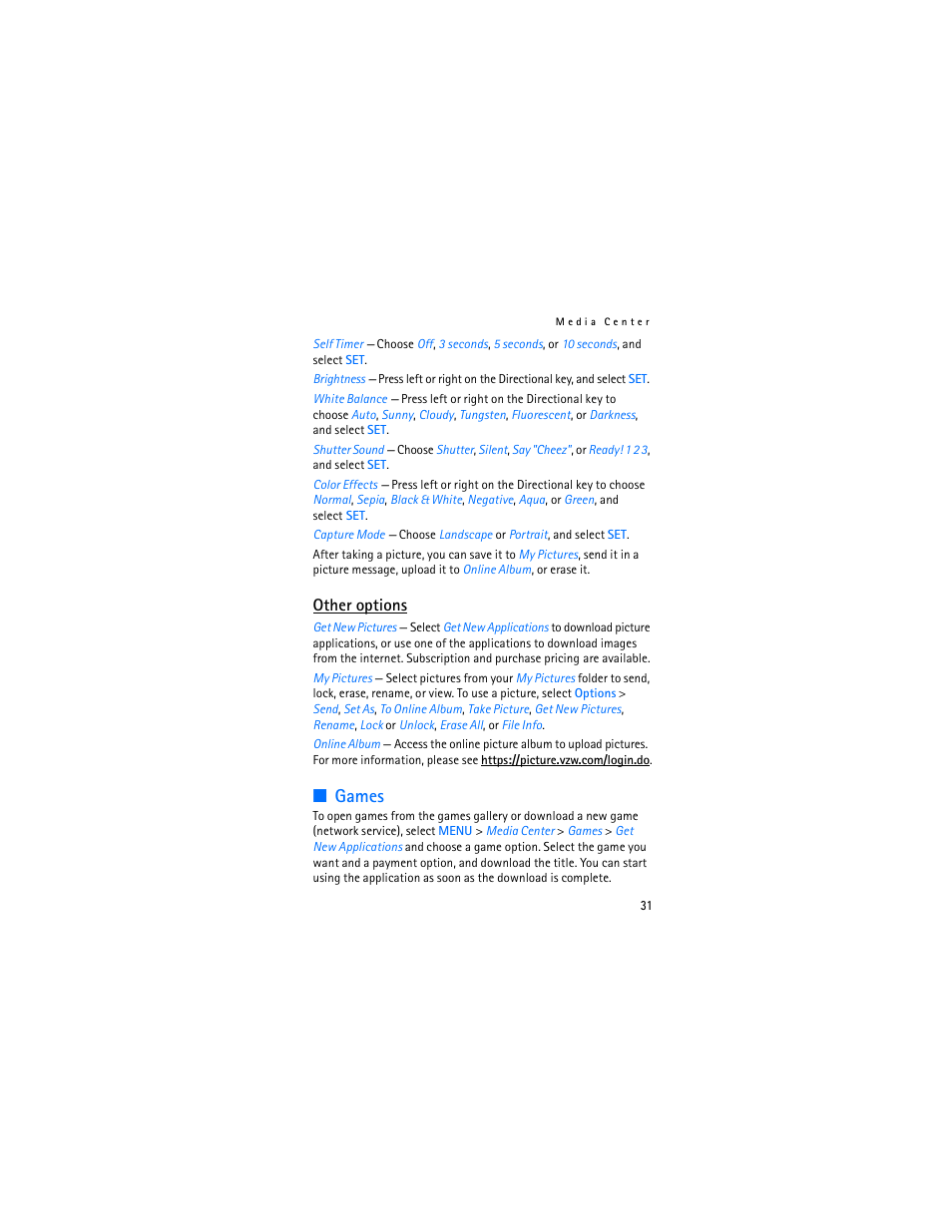 Games, Other options | Nokia 2605 User Manual | Page 32 / 101