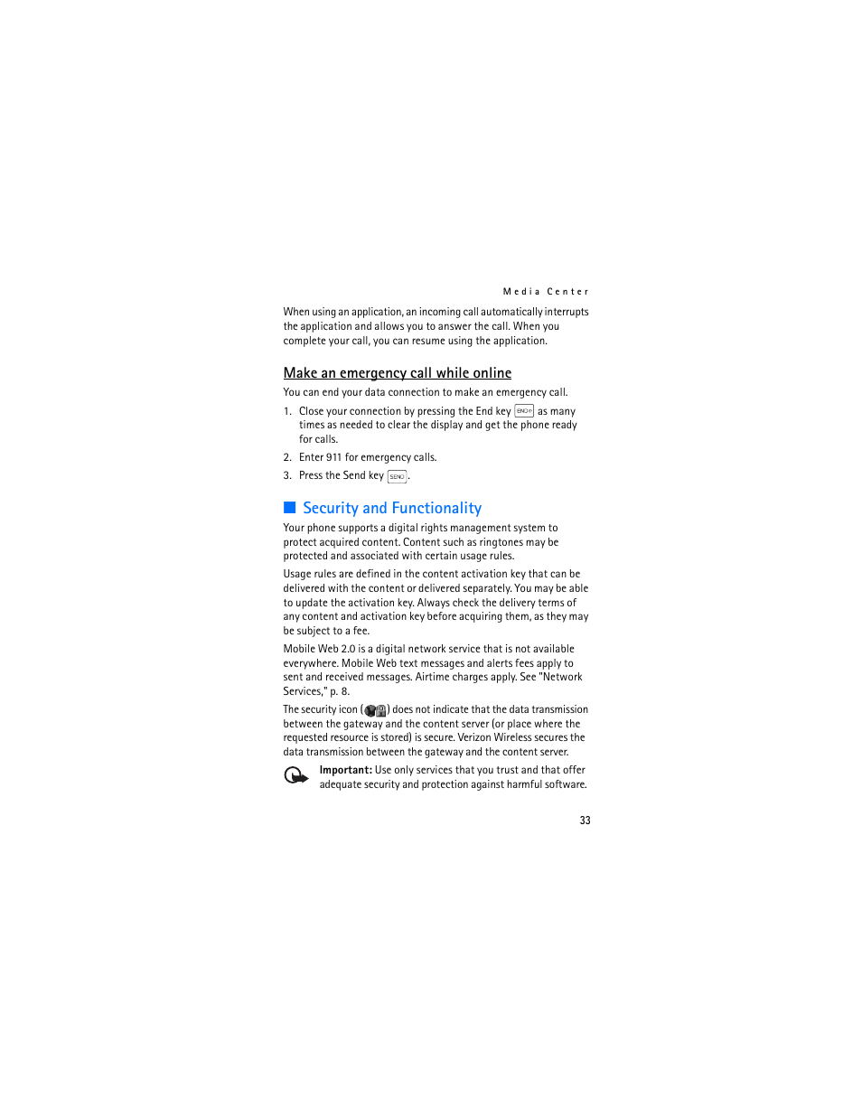 Security and functionality, Make an emergency call while online | Nokia 2605 User Manual | Page 34 / 101