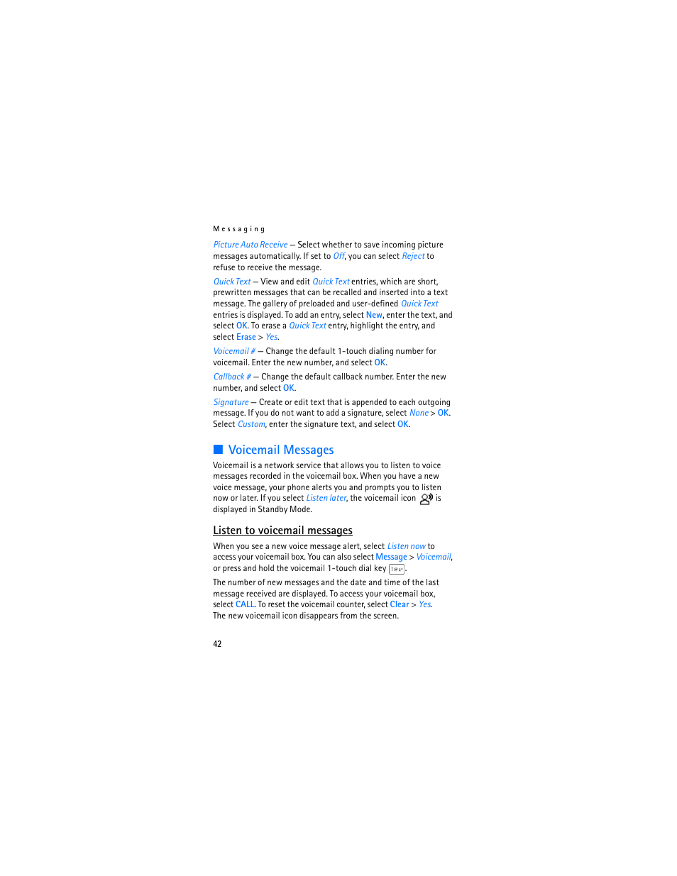 Voicemail messages, Listen to voicemail messages | Nokia 2605 User Manual | Page 43 / 101