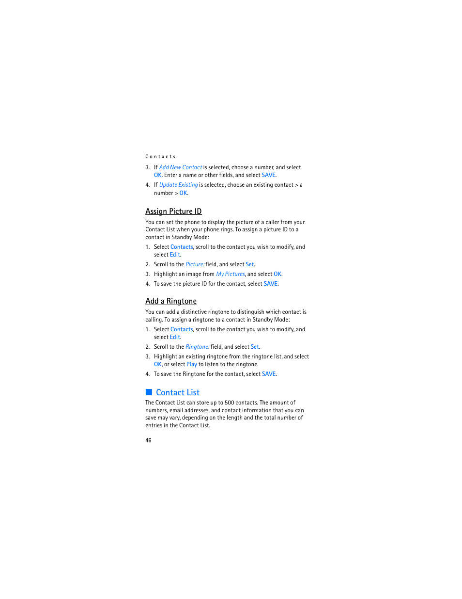 Contact list, Assign picture id, P. 46 | Add a ringtone," p. 46, Add a ringtone | Nokia 2605 User Manual | Page 47 / 101