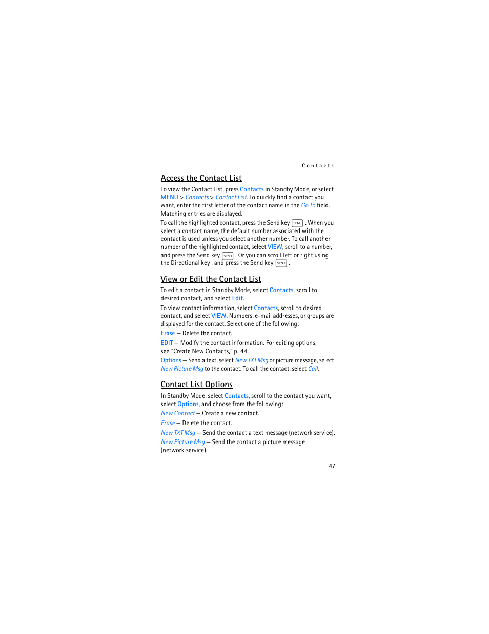 Access the contact list, View or edit the contact list, Contact list options | Nokia 2605 User Manual | Page 48 / 101