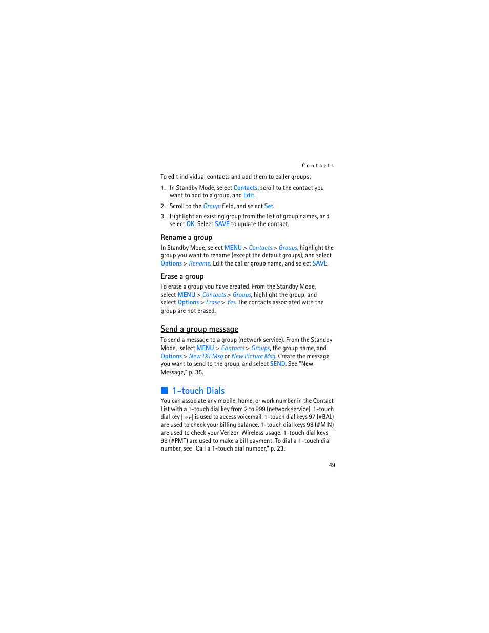 Touch dials, Send a group message | Nokia 2605 User Manual | Page 50 / 101