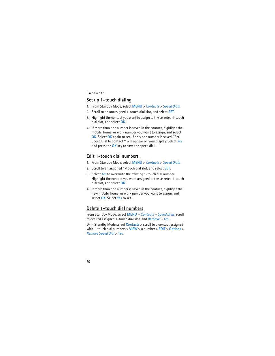 Set up 1-touch dialing, Edit 1-touch dial numbers, Delete 1-touch dial numbers | Nokia 2605 User Manual | Page 51 / 101