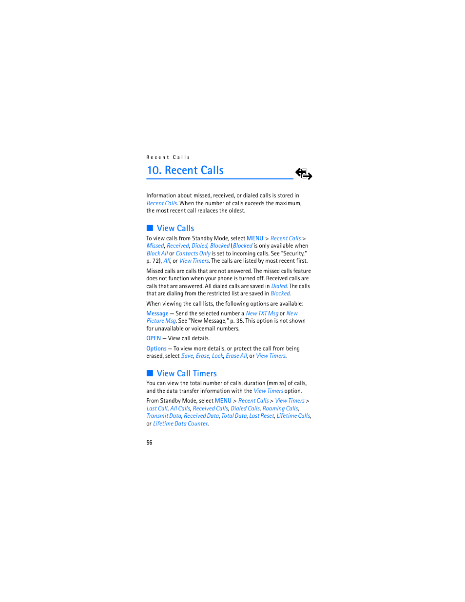 Recent calls, View calls, View call timers | View calls view call timers | Nokia 2605 User Manual | Page 57 / 101