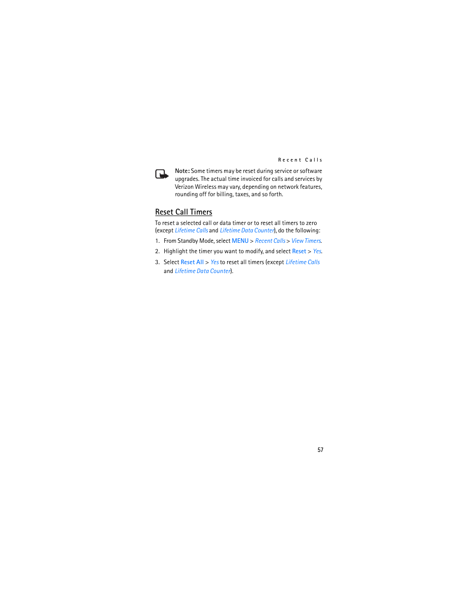 Reset call timers | Nokia 2605 User Manual | Page 58 / 101