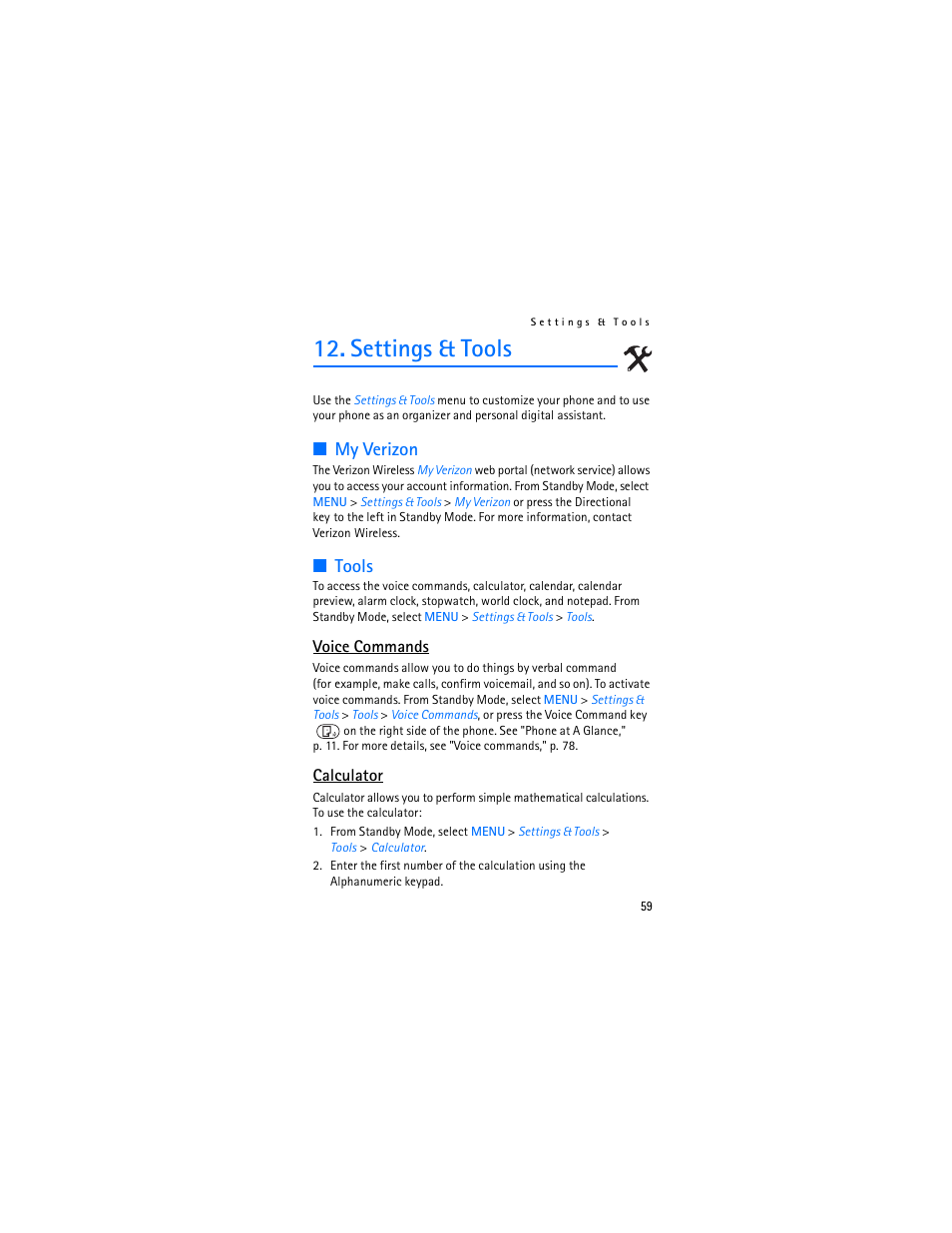 Settings & tools, My verizon, Tools | My verizon tools, Voice commands, Calculator | Nokia 2605 User Manual | Page 60 / 101