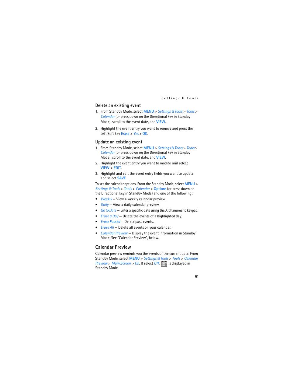 Calendar preview | Nokia 2605 User Manual | Page 62 / 101