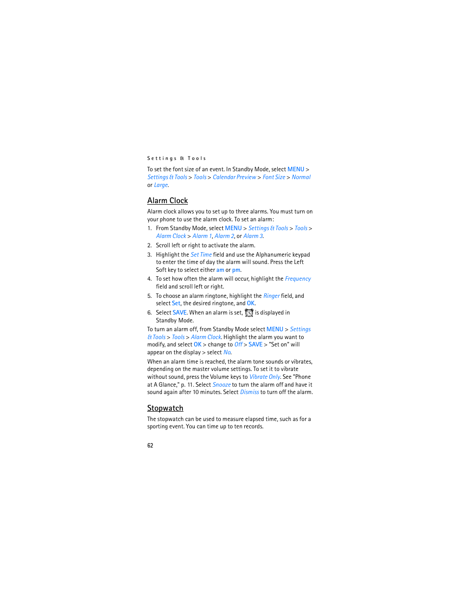 Alarm clock, Stopwatch | Nokia 2605 User Manual | Page 63 / 101
